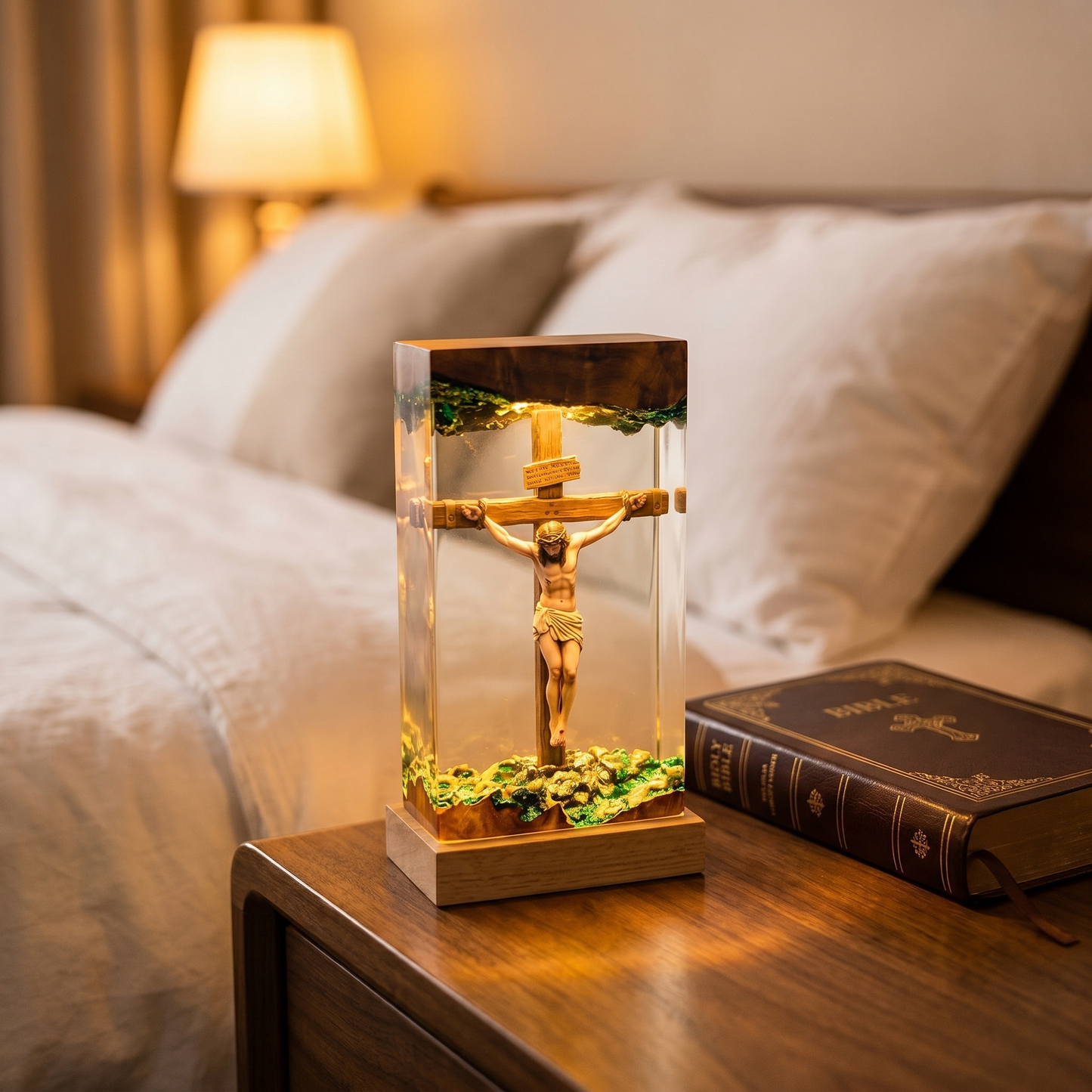 Jesus Crucifix resin lamp lit up in dark room