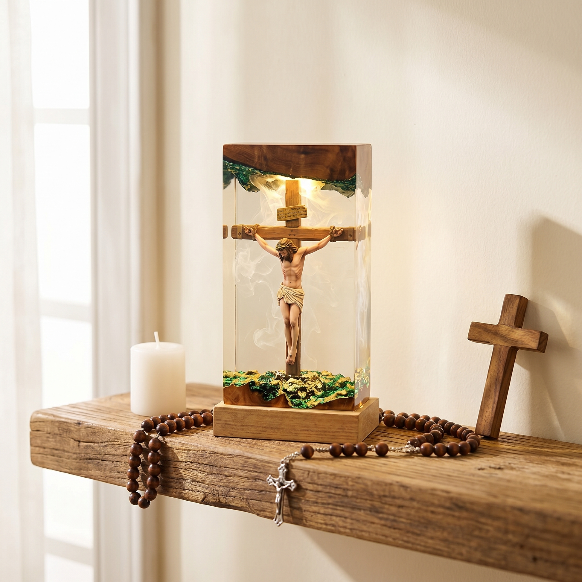 Jesus Crucifix hand-poured resin lamp glowing warm light